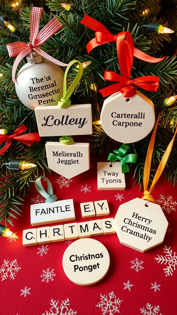 Scrabble tile Christmas ornaments with various words, decorated with ribbons, on a festive background.